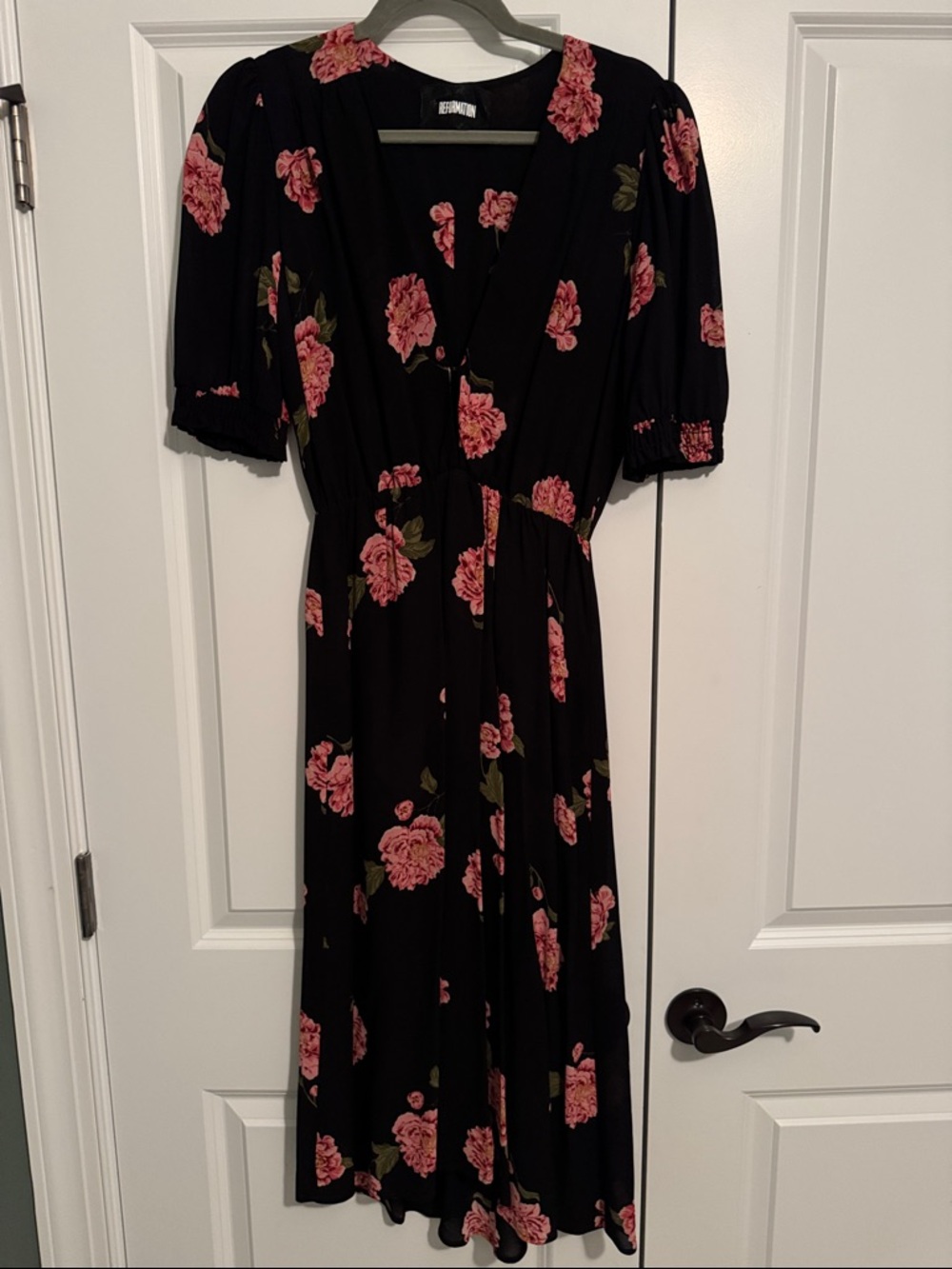 Reformation Black Floral Midi Wrap Dress with Pink Roses